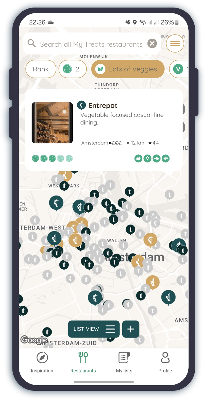 The My Treats app map view with Live List restaurants around Amsterdam