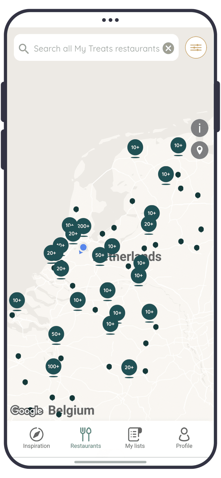 The restaurant map in the My Treats app