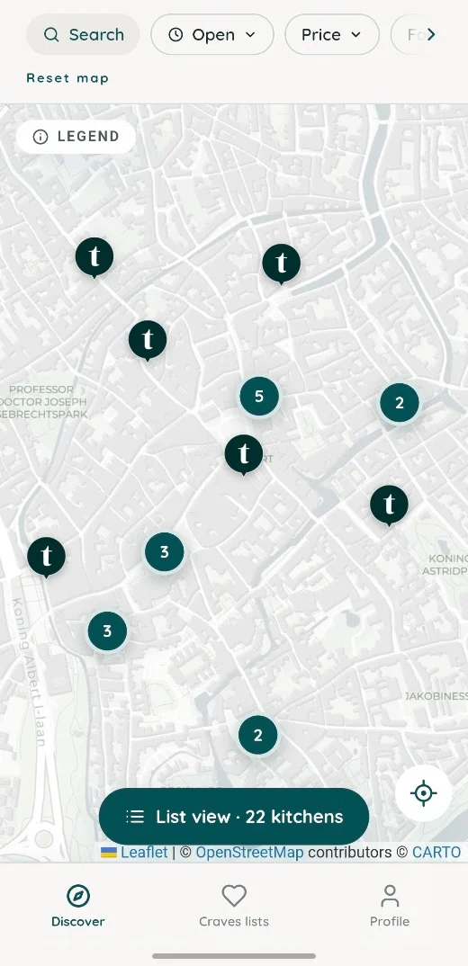 The My Treats webapp map view, with restaurant pins across Amsterdam
