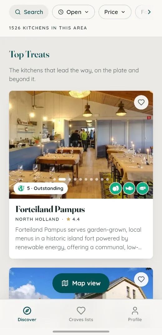 The My Treats webapp Discover list for Amsterdam, led by its Top Treats