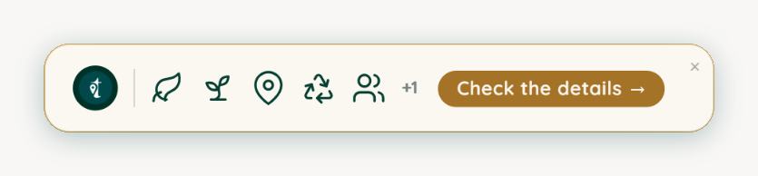 The Food Identity widget teaser as it appears at the bottom of a restaurant's homepage: the My Treats mark, five practice icons and a Check the details button